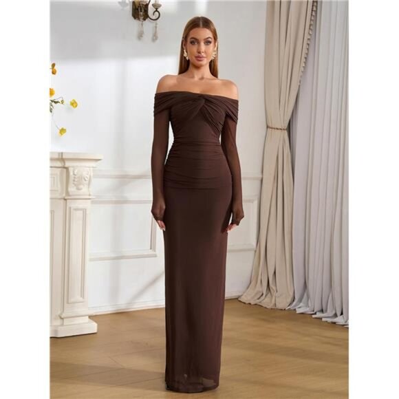 Off Shoulder Long Sleeve Maxi Dress Brown - Picture 1 of 6